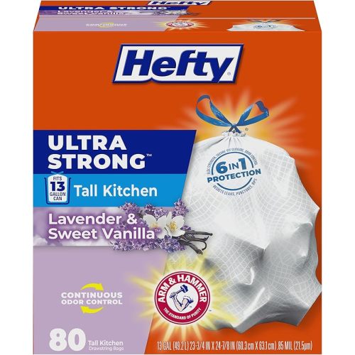 Hefty Ultra Strong 13 Gallon Trash Bags, Tall Kitchen Trash Bags 13 Gallon Size, Drawstring Closure, Continuous Odor Control, White, Lavender and Sweet Vanilla Scent, 80 Bags