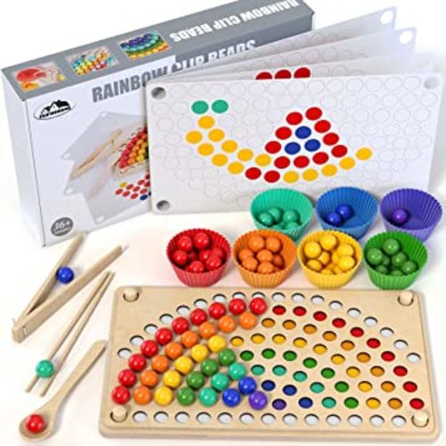 Toddler wooden Learning Montessori toys – wooden peg board bead game baby rainbow stacking matching counting color sorting games for fine motor math skills boys and girls for 3 4 5 years old