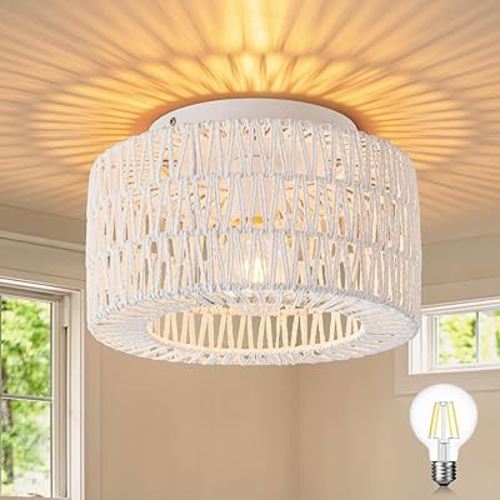 Nursery Light SineRise Rattan Ceiling Light Fixtures (12-Inch, LED Bulb Included), Hand-Woven Boho Flush Mount Ceiling Light, Rattan Chandelier for Hallway Kitchen Farmhouse Foyer Entryway Living Room(White)