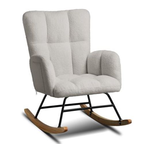 COMHOMA Modern Nursery Rocking Chair, Teddy Upholstered Glider Accent Chair with Side Pockets, High Backrest, White