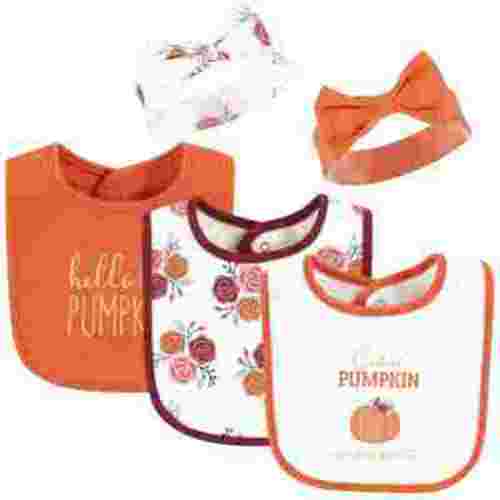 Hudson Baby Infant Girl Cotton Bib and Headband or Caps Set, Pink Cutest Pumpkin, One Size
