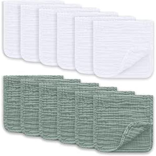 Muslin Burp Cloths Large 100% Cotton Hand Washcloths for Boys & Girls, Baby Essentials Extra Absorbent and Soft Burping Rags for Newborn Registry (White & Green, 12-Pack, 20" X10")