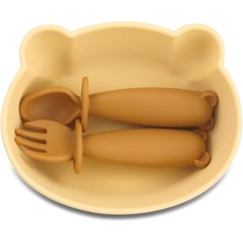 Silicone Bear Shaped Baby Bowl with Suction, Spoon & Fork for Babies 6+ Months, Infant Feeding BLW Baby Essentials Must Haves, BPA Free, Dishwasher Safe (Very Bear)
