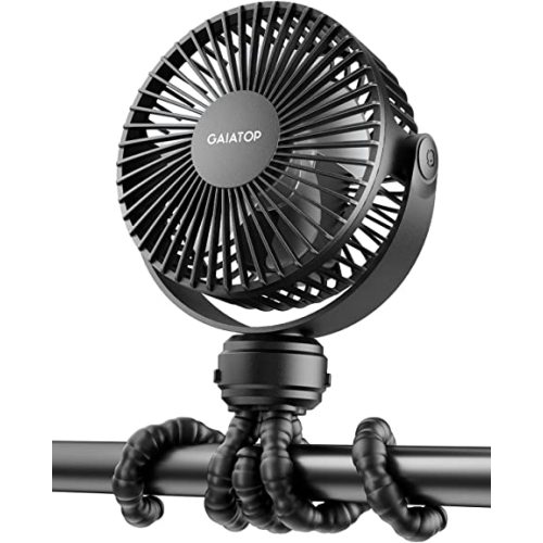 Gaiatop Mini Portable Stroller Fan, Battery Operated Small Clip on, Detachable 3 Speed Rechargeable, 360° Rotate Flexible Tripod Better Cooling for Car Seat Crib Treadmill Travel Black