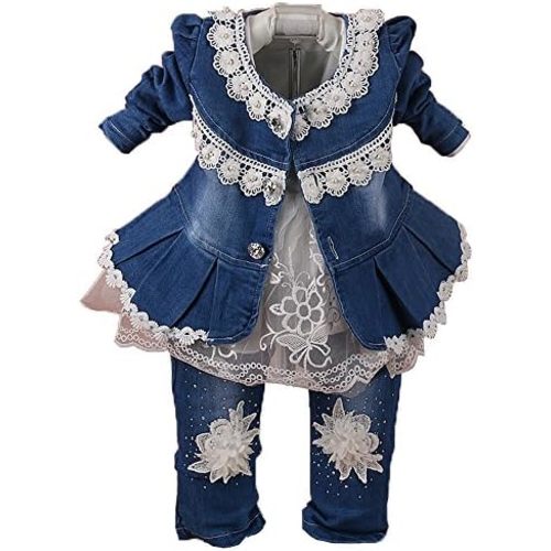 Yao 6M-4Y Infant 3Pcs Baby Girls Clothes Set Toddler Casual Outfits Lace Dress Jacket and Jeans