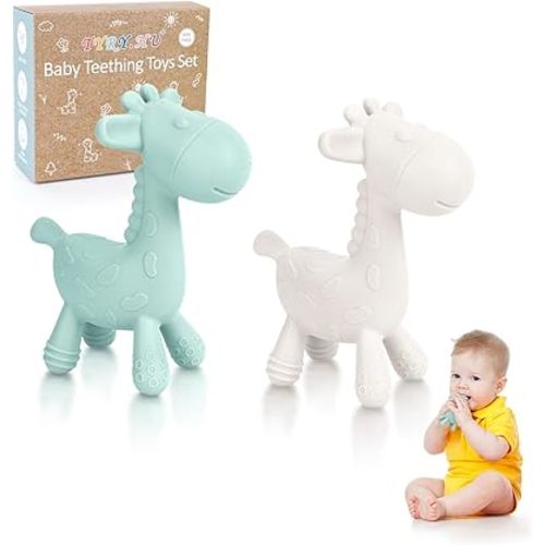 TYRY.HU Baby Teething Toys for Babies 0-6 6-12 Months,BPA Free Silicone Giraffe Teethers Toys, Soft-Textured Chew Toys, Montessori Sensory Toys for Boys Girls Teething Relief, 2 Pack