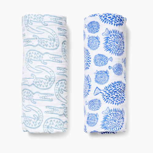 Lewis 100% Organic Muslin Swaddle Set (2 Pack) - Alligator + Blowfish