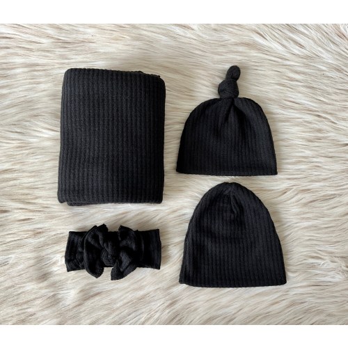 Baby swaddle blanket in Hollis Black Waffle Knit, Top knot hat, baby photo prop, hospital set, gift, baby gift, gender neutral swaddle,