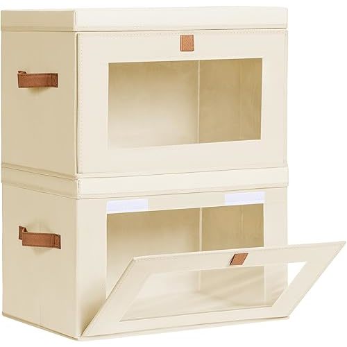 Large Closet Storage Organizer - Collapsible Storage Bins with Handles & Window, Decorative Storage Boxes with Lids, Fabric Storage Containers for Living Room, Dorm, 2 Pack, Beige