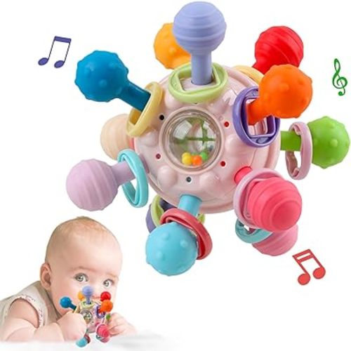 Baby Sensory Teething Toys - Baby Teether & Rattle - Gifts for Infant Newborn Boys Girls 0 3 6 9 12 18 Months - Toddler Montessori Educational Learning Toys (Pink)