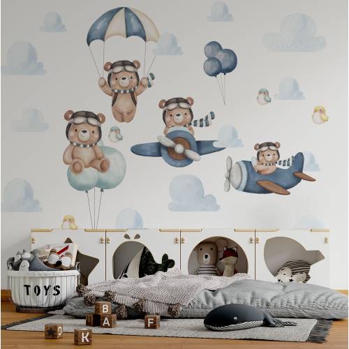 hot air ballon wall decals, nursery bear wall decals, plane wall decals, wall decals nursery, kids wall decals
