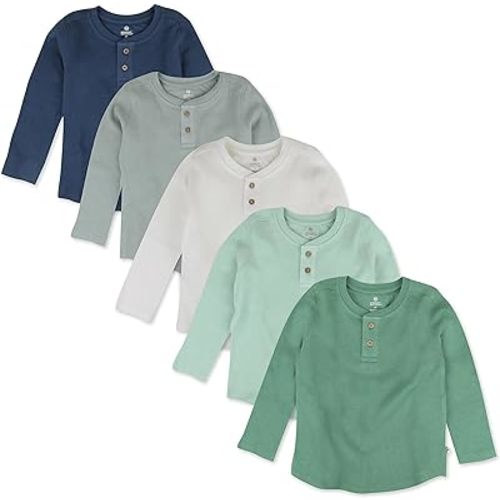 HonestBaby 5-Pack Waffle Henley Long Sleeve Shirts, 6-9 months