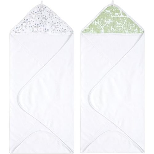 aden + anais Essentials Hooded Baby Bath Towel, Super Soft 100% Cotton, 2 Pack, Harmony