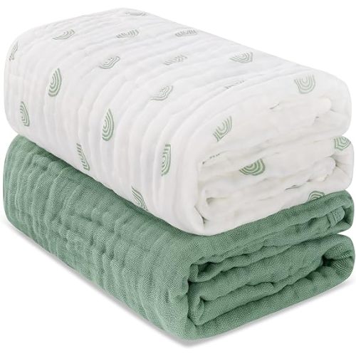 HardNok Muslin Baby Blankets Neutral,Soft Cotton Receiving Blanket, Swaddle Blankets for Boys Girls ,Breathable Bed Blanket,Perfect for Shower Gift(Rainbow Green 2 Pack)