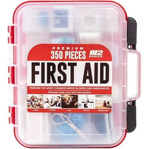 M2 BASICS Professional 350 Piece First Aid Kit | Hard Case, Dual Layer, Wall Mountable | First Aid Kit for Business, Home, Car | Emergency Kit, Emergency Medical Kit
