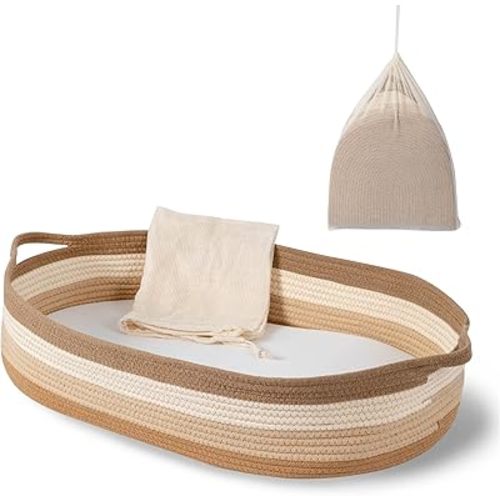 Baby Changing Basket - Moses Basket Changing Table Topper and Thick Foam Pad with Removable Cotton Mattress Cover, 100% Cotton Boho Nursery Decor with Storage Bag
