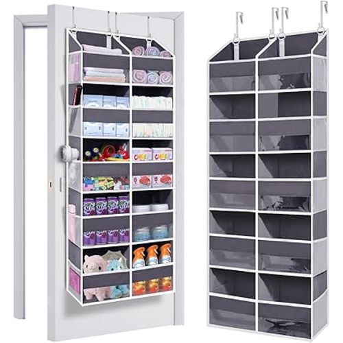Heavy Duty Over The Door Organizer 57x20x7, 10 Large Front & 10 Side Pockets, 80lb Weight Capacity, Family Hanging Storage Closet Door Organizer for Bedroom, Bathroom and Baby Nursery Storage, Grey