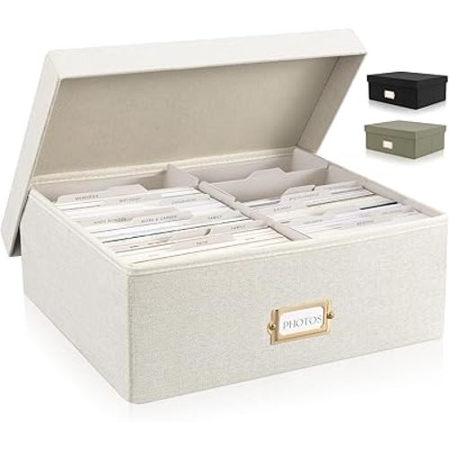 ZICOTO Decorative Photo Storage Box - Sturdy Linen Photo Organizer with Dividers is Perfect to Store Up to 1700 Pictures and 4x6 Photos - Portable Scrapbook Storage Containers with Lid