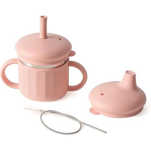 Stainless Steel Sippy Cup for Toddlers 1-3, Baby Sippy Cup with Straw & Spout, Spill-Proof Leak-Resistant Kids Cup with Handles, Silicone Sleeve, BPA-Free, Dishwasher Safe (Training Cup)
