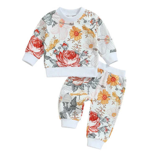 Baby Toddler Girls 2Pcs Fall Outfit Floral Flowers Print Long Sleeve C – August + Willow