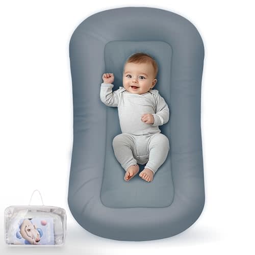 Baby Lounger - Baby Lounger for Newborn, Infant Lounger for Home and Travel, Soft Cotton, Newborn Babies Essentials Gifts, GrayishBlue