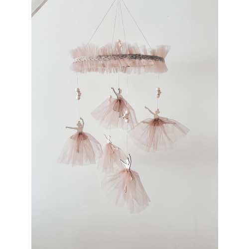 Wooden Ballerina Baby Mobile with Brown color Tulle Skirts, Crib Mobile, Minimalist mobile,Girl's Mobile, Girl's room decor, Elegant Mobile