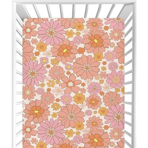 CaTaKu Retro Orange Flower Baby Crib Sheets Mini Crib Sheets Fitted for Boys Girls, Neutral Crib Mattress Sheet Toddler Bed Sheets, 27"x 39"