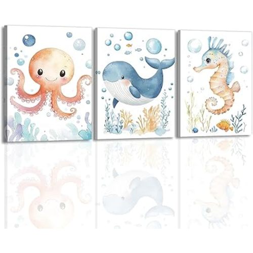 Nursery Wall Decor Cute Ocean Animals Pictures Wall Art Set Of 3 Underwater Theme Painting Canvas Print for Kids Room Playroom(Artwork-1,11"x14"x3pcs)