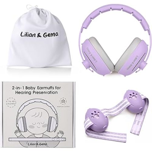 Lilian&Gema 2-in-1 Baby Ear Muffs Noise Protection, Adjustable Baby Headphones with Stretchy Band, Noise Cancelling Headphones for Baby & Toddler up to 4 Years, Baby Airplane Essentials, Purple
