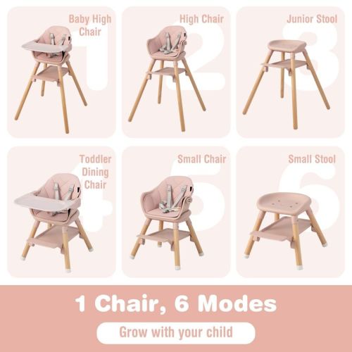 Infans 6 In 1 Convertible Wooden Highchair for Babies and Toddlers, Removable Double Tray & Reversible Footrest, Safety Harness, Pink