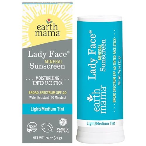 Earth Mama Lady Face® Tinted Mineral Sunscreen Face Stick SPF 40 Light/Medium Tint | Contains Organic Shea & Cocoa Butter | Foundation + Concealer Blends with Most Skin Tones