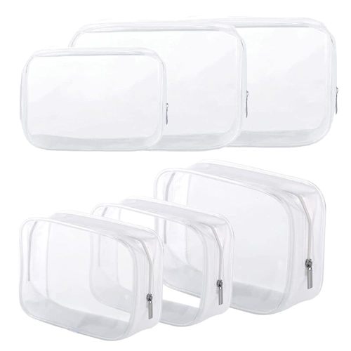 6 Pack Clear Toiletry Carry Pouch with Zipper Portable Plastic Waterproof Cosmetic Bag TSA Approved for Vacation Travel Bathroom and Organizing (White, Small and Large)