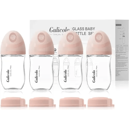 Natural Glass Baby Bottle 4 Pack, Newborn Breastfeeding Bottles Set, Extra Slow Flow Nipples (SS), Anti Colic, 0 Months+, 5 oz - Pink