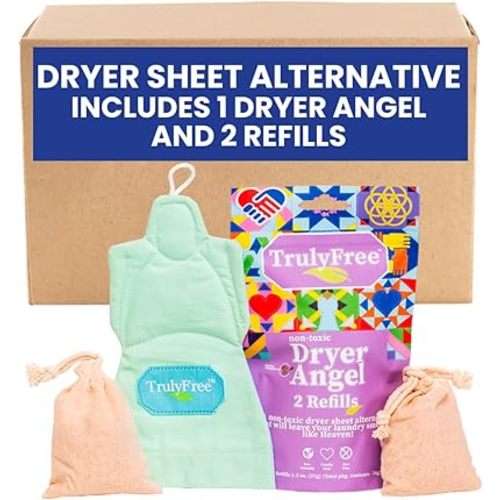 Truly Free Dryer Angel: Refillable Non-Toxic Dryer Sheet Alternative, Fabric Softener and Scent Booster - Includes: 1 Dryer Angel Cover with 2 Refills