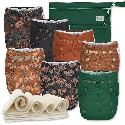 Nora's Nursery Cloth Diapers 7 Pack with 7 Bamboo Inserts & 1 Wet Bag - Waterproof Cover, Washable, Reusable & One Size Adjustable Pocket Diapers for Newborns and Toddlers - Dahlia