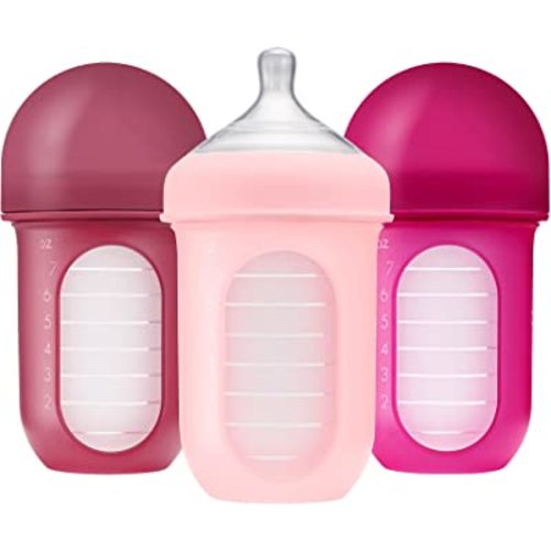 Boon Nursh Reusable Silicone Pouch Baby Bottles - Medium Flow Nipple - Silicone Baby Bottle Pouch and Nipple - Baby Feeding Essentials - Pink - 3-6 Months - 3 Count - 8 Ounce