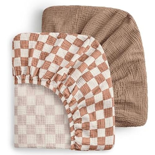Blissful Diary Muslin Crib Sheets for Girl Boy, Boho Neutral Soft Cotton Baby Sheet for 52''x28'' Standard Crib Mattress, 2 Pack(Brown Checkboard & Brown)