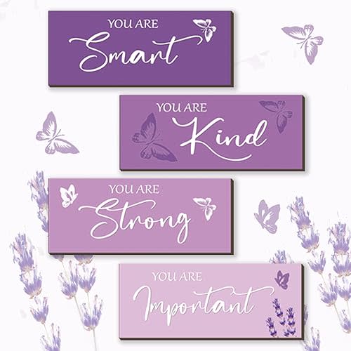 FENCORDAR 4 Pcs Butterfly Wall Decor Girls Room Decor Wooden Purple Wall Decor Positive Butterfly Wall Art Prints Inspirational Gift for Teen Girls Women Room Nursery Bedroom Bathroom(Purple, 10x4)