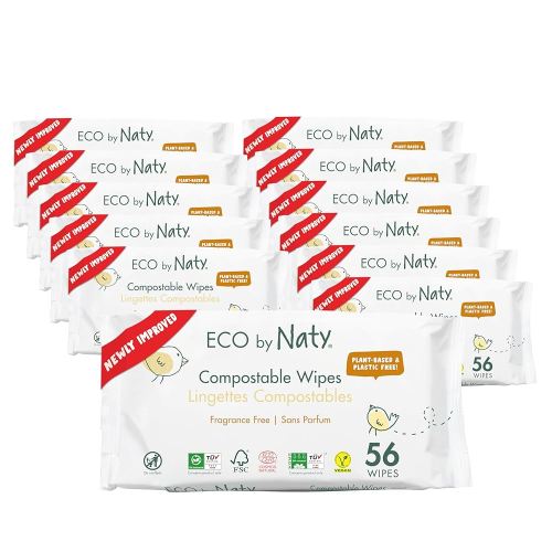 Eco by Naty Baby Wipes Unscented - 100% Compostable and Plant-Based Wipes, Good for Babies and Newborn Sensitive Skin (672 Count - 12 packs of 56)