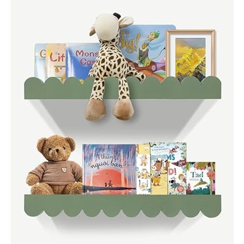 Nursery Book Shelves 20Inches, Scalloped Floating Shelves for Bedroom Kids, Nursery Shelves for Wall 2 Pack, Scalloped Shelf for Toddler Room, Baby Room, Nursery Decor, Sage