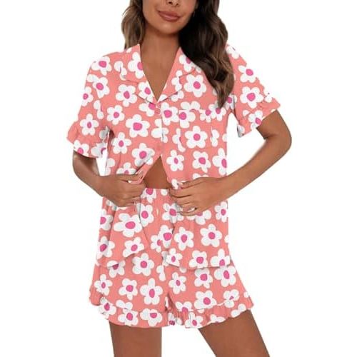 SWOMOG Woman Pajama Set Short Sleeve Pjs Set 2Pcs Short Pajamas Button Down Ruffle Hem Sleepwear Soft Modal Loungewear