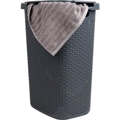 Mind Reader 60L Slim Laundry Hamper, Clothes Basket, Lid, Wicker Design, Plastic, 17.65"L x 13.75"W x 24.15"H, Gray