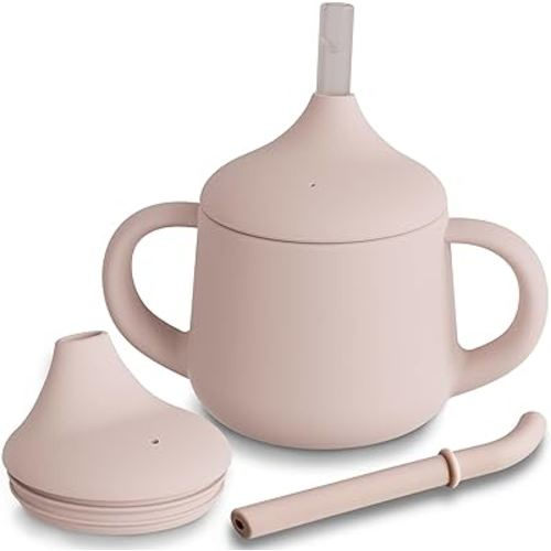 Moonkie Silicone Baby Sippy Cups | 3 Stages Training Cup Straw Cup for Infants Toddlers and Kid, 4 oz (Blush)