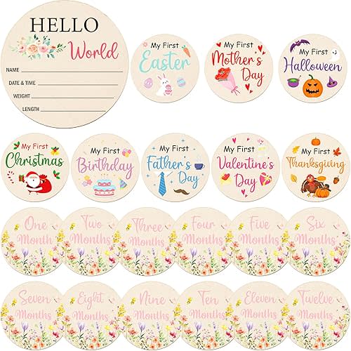 Wildflower Monthly Baby Milestone Signs, 11PCS Wooden My First Holiday Milestone Cards Newborn Halloween Christmas Gift, Baby Announcement and Hello World Newborn Sign