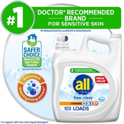 all Liquid Laundry Detergent with Advanced OXI Stain Removers and Whiteners, Free Clear, 184.5 Ounce, 103 Loads