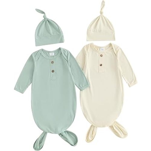 Merqwadd Newborn Knotted Gown 2 Pack Plain Sleeper for Baby Boy Girl Coming Home Outfit