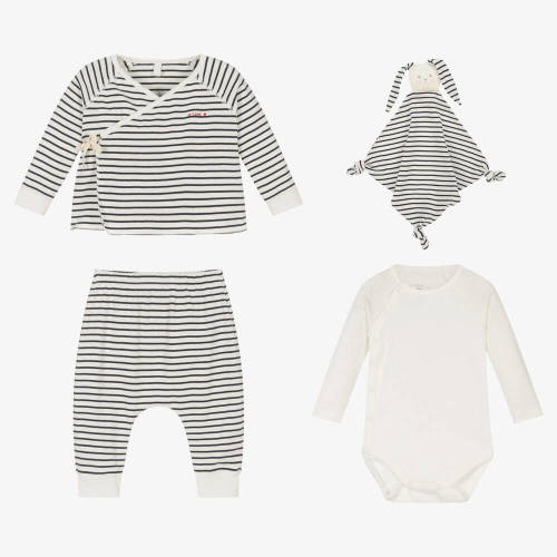 Petit Bateau - Blue Breton Stripe Organic Trouser Set | Childrensalon