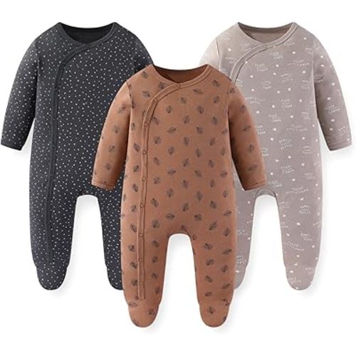 Unisex Baby Boy Girl Footies Rompers Cotton Long Sleeve 3 Pack Infant Jumpsuits 0-12Months Babies' Outfits