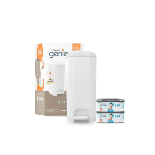 Diaper Genie Select Pail Registry Gift Set (White) | Made of Durable Stainless Steel Metal | Includes 2 Jumbo Refills | Holds 1620 Newborn Diapers