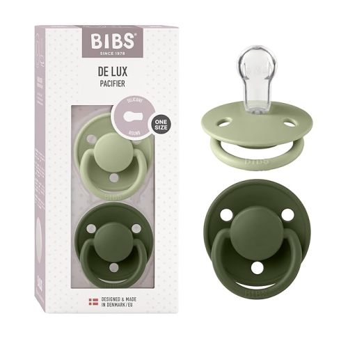 BIBS De Lux Baby Pacifier 2-Pack | Made in Denmark | BPA Free Dummy Soother, Round Nipple. Silicone, OneSize (0-36 Months), Sage/Hunter Green